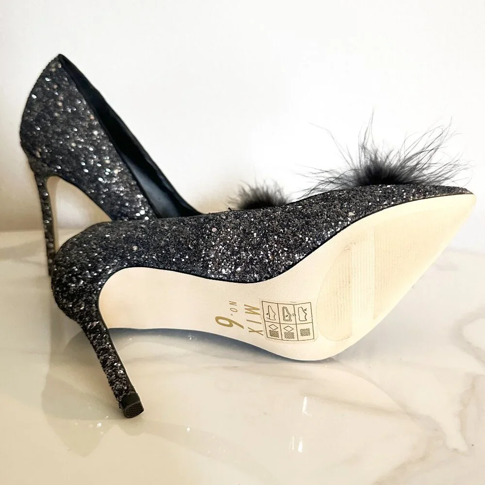 Black and Silver Glitter High Heels with Feather Poof - Picture 2 of 4